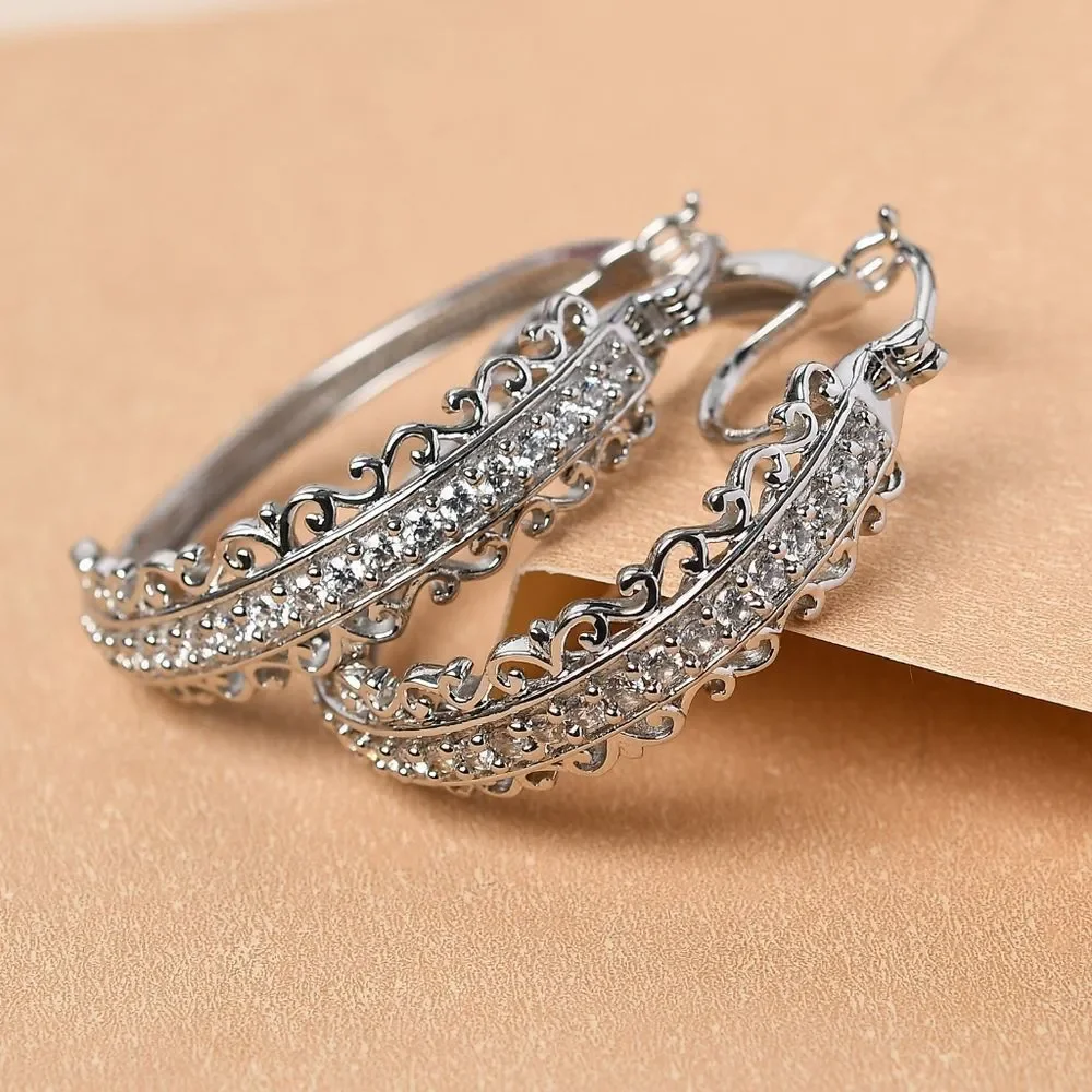 Simulated Diamond Inside Out Hoop Earrings in Platinum Bond 2.40 ctw - Picture 2 of 4
